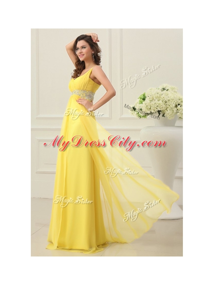 Beautiful  Empire One Shoulder Beading Prom Dress in Yellow