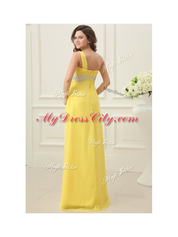 Beautiful  Empire One Shoulder Beading Prom Dress in Yellow