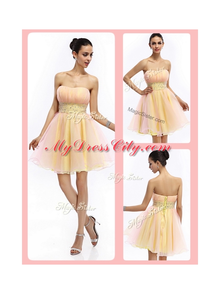 Beautiful Short Strapless Lace Up Prom Dresses with Beading and Ruching