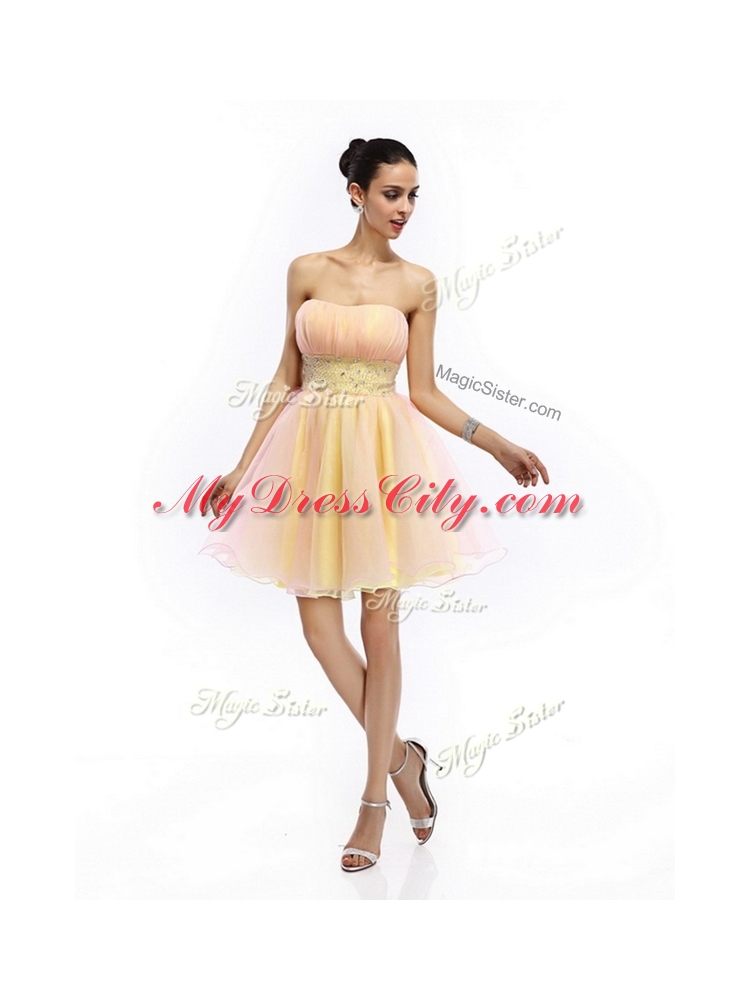 Beautiful Short Strapless Lace Up Prom Dresses with Beading and Ruching