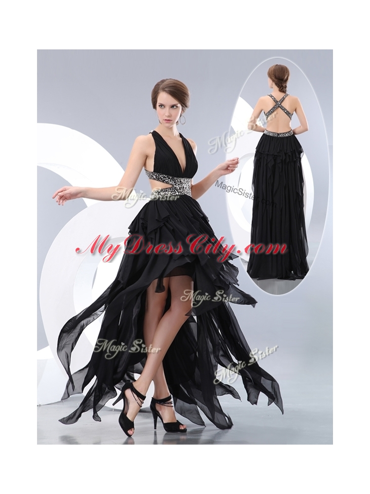 Beautiful Style V Neck High Low Prom Dresses in Black