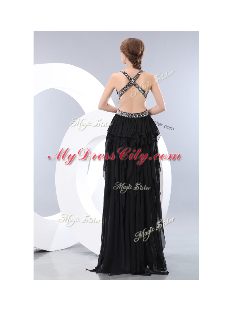 Beautiful Style V Neck High Low Prom Dresses in Black