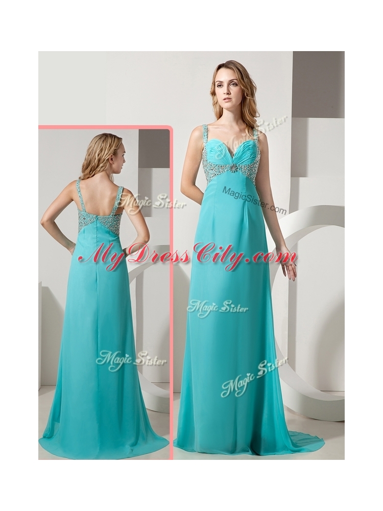 Elegant Empire Straps Beading Turquoise Prom Dresses with Brush Train