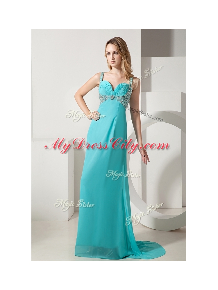 Elegant Empire Straps Beading Turquoise Prom Dresses with Brush Train