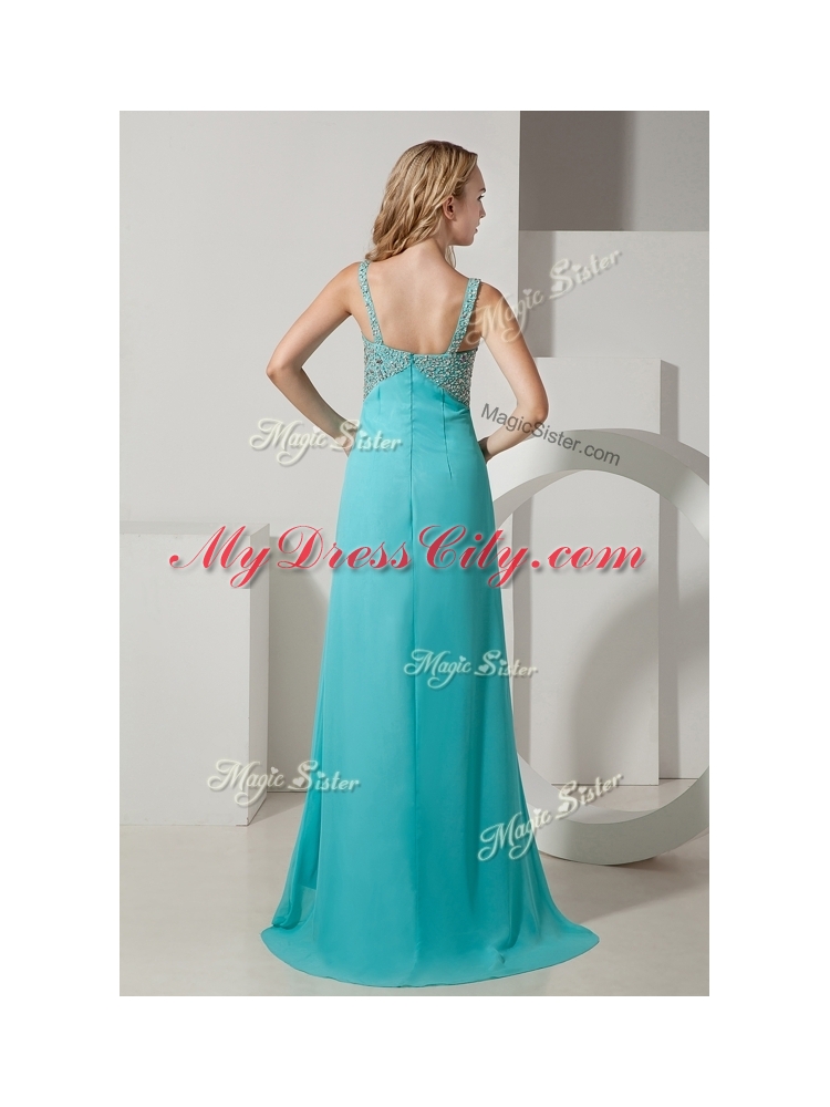 Elegant Empire Straps Beading Turquoise Prom Dresses with Brush Train