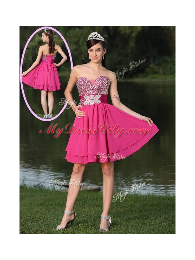 Inexpensive Short Sweetheart Beading Prom Dresses in Hot Pink