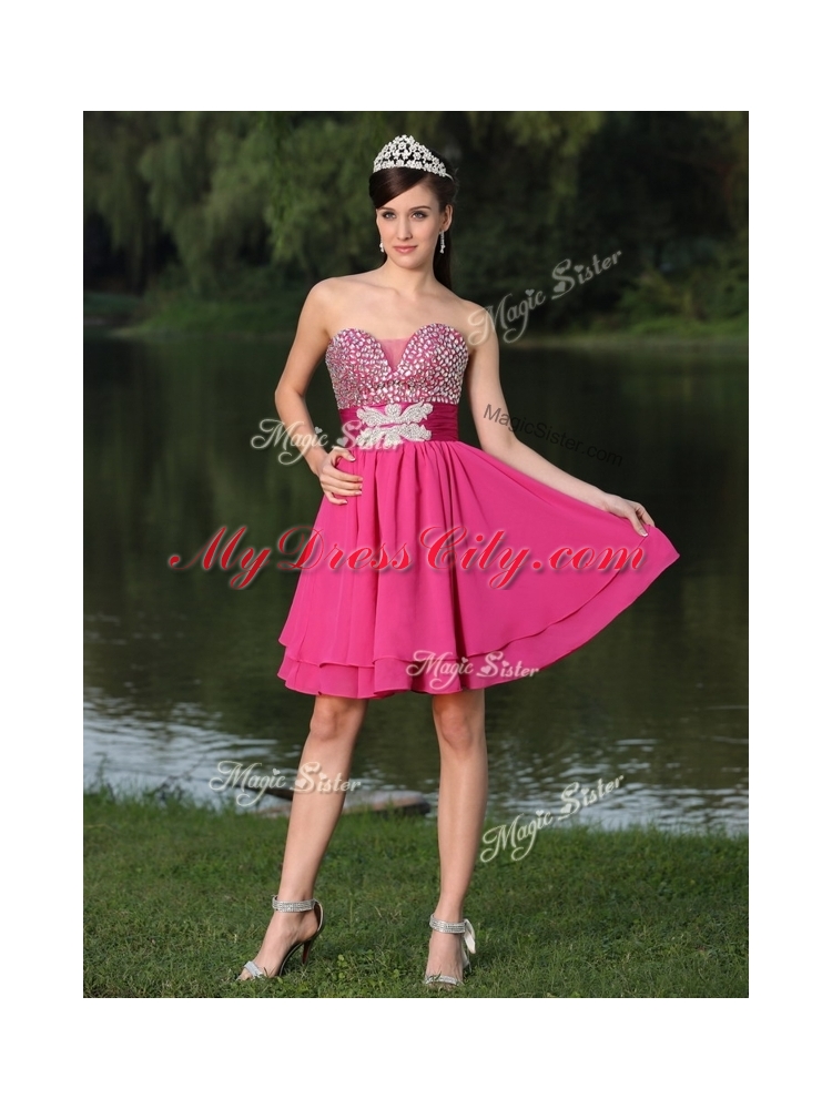 Inexpensive Short Sweetheart Beading Prom Dresses in Hot Pink