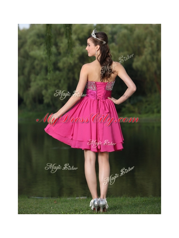 Inexpensive Short Sweetheart Beading Prom Dresses in Hot Pink