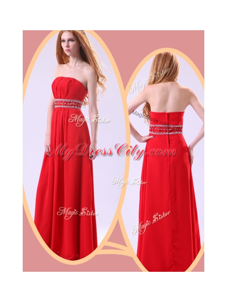 Simple Empire Strapless Red Prom Dresses with Beading