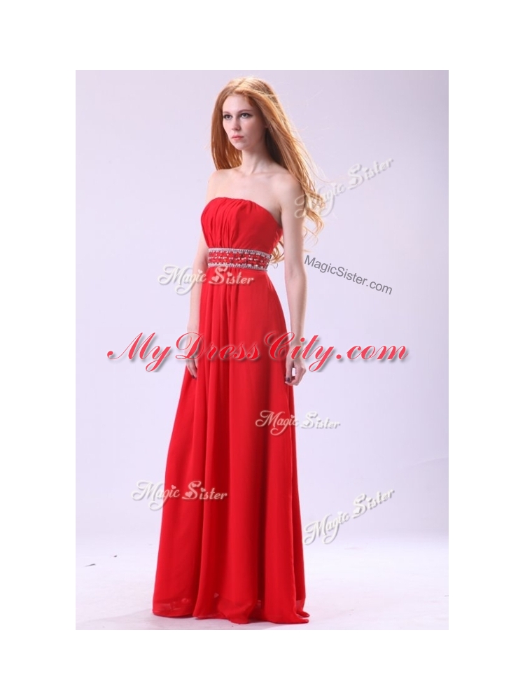 Simple Empire Strapless Red Prom Dresses with Beading