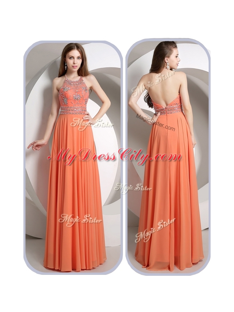 Cheap Empire Halter Top Orange Prom Dresses with Beading