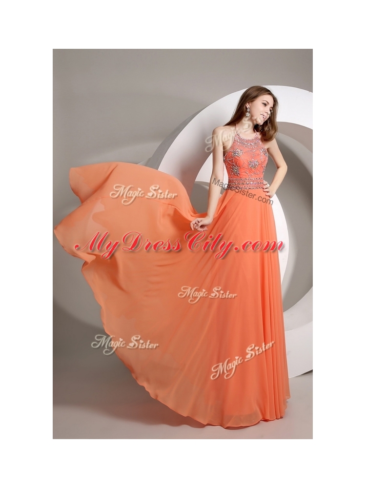 Cheap Empire Halter Top Orange Prom Dresses with Beading