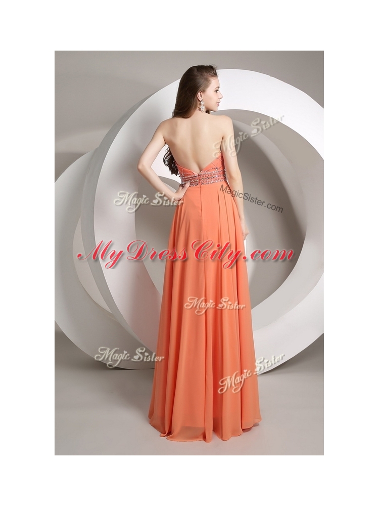 Cheap Empire Halter Top Orange Prom Dresses with Beading