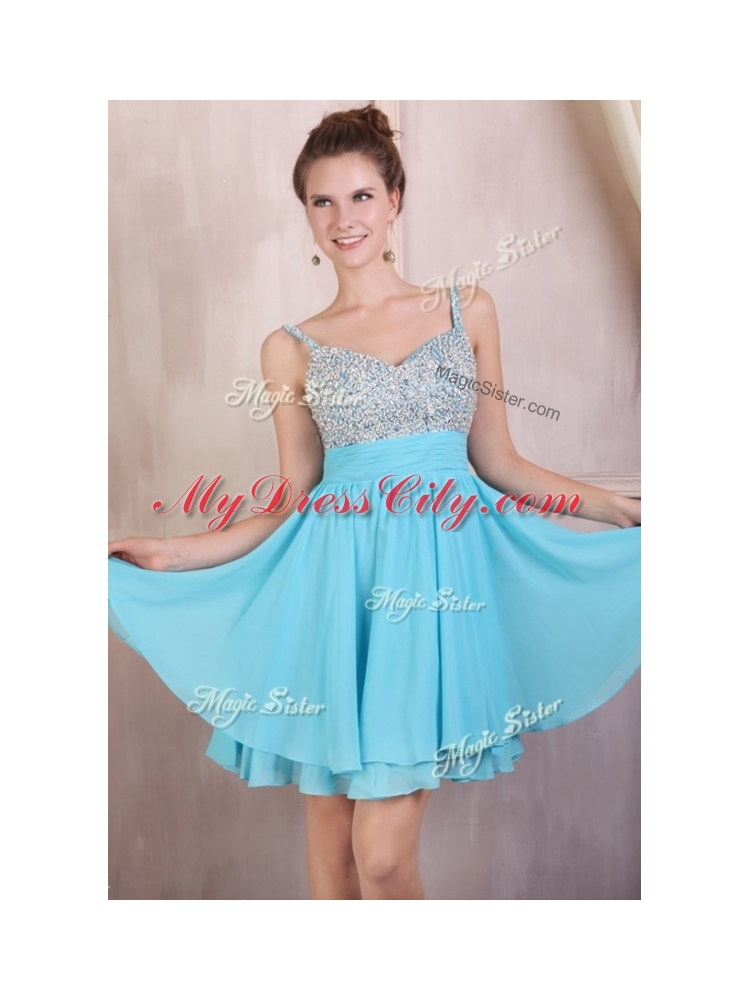 Cheap Straps Mini Length Beading Bridesmaid Dress for Summer