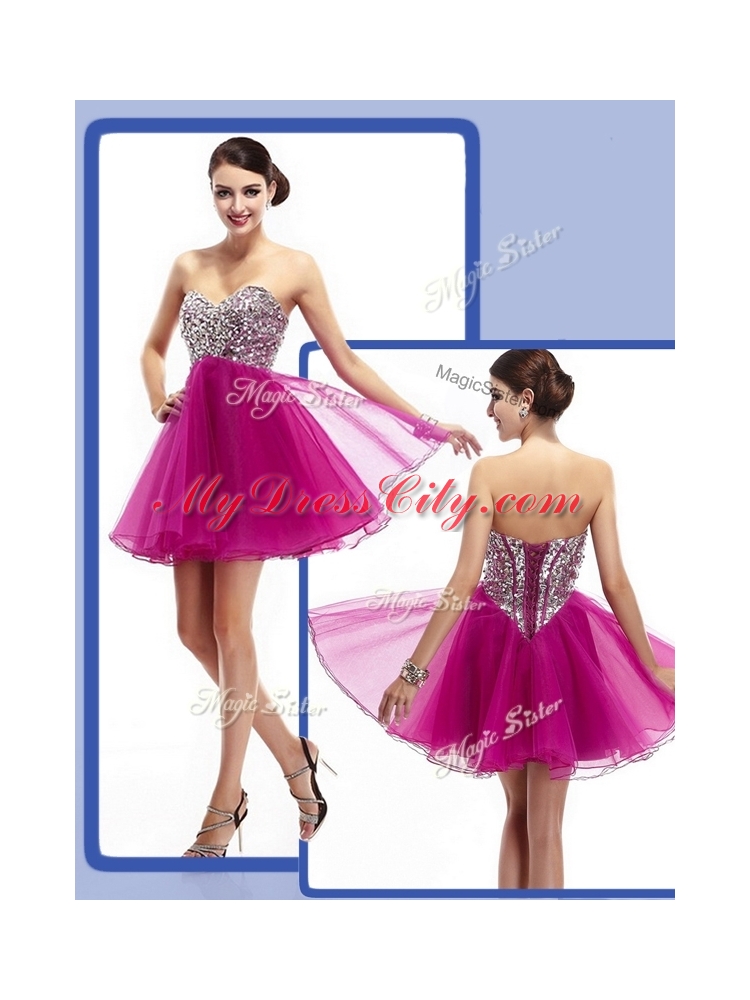 Cheap Sweetheart Fuchsia Short Bridesmaid  Dresses with Beading