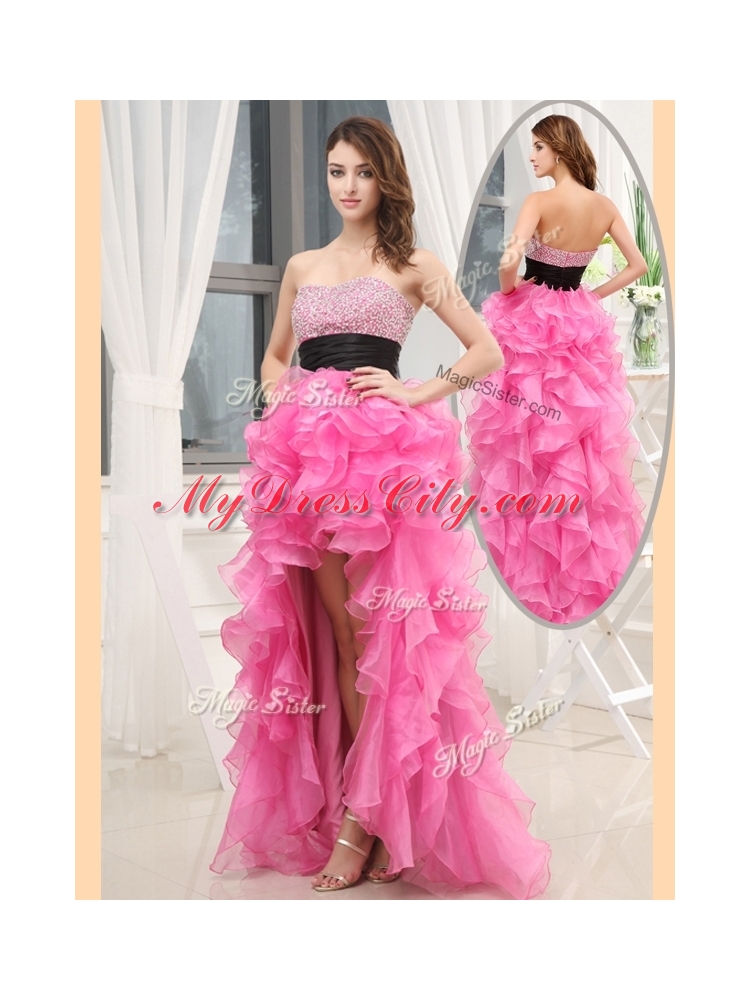 Cheap Sweetheart High-low Pink Prom Dresses with Beading and Belt