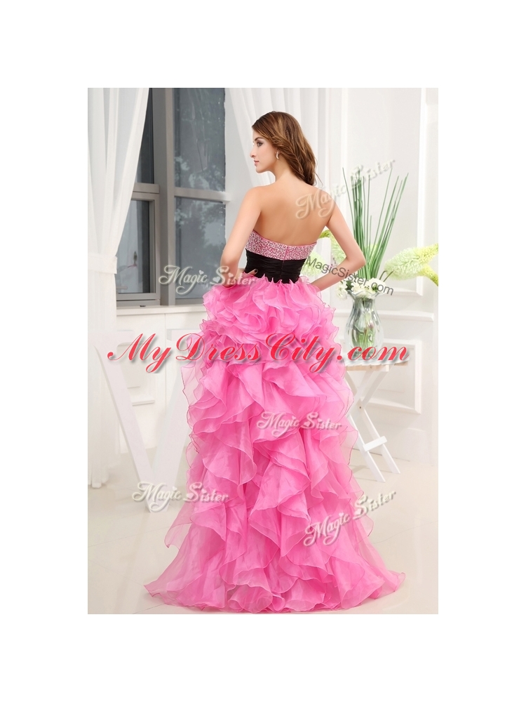 Cheap Sweetheart High-low Pink Prom Dresses with Beading and Belt