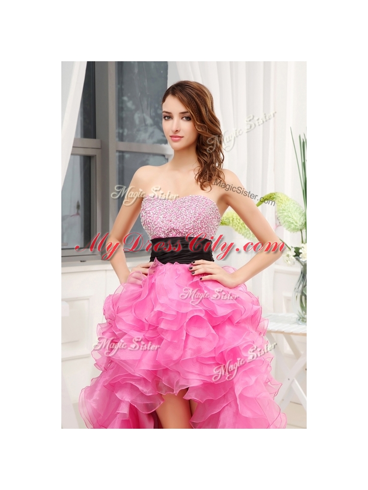 Cheap Sweetheart High-low Pink Prom Dresses with Beading and Belt