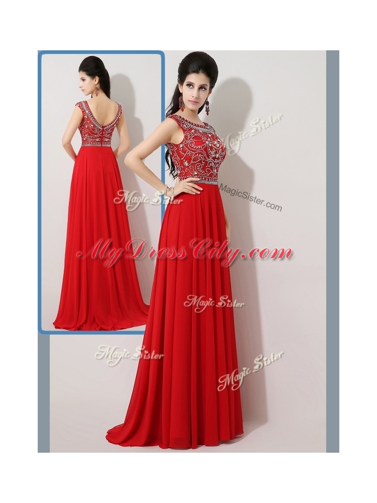 Cheap Empire Bateau Brush Train Prom Dresses with Beading