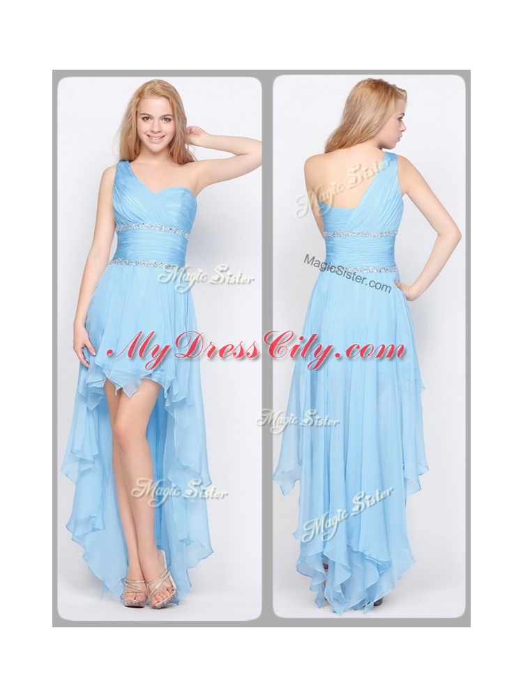 Cheap One Shoulder High Low Prom Dresses with Beading