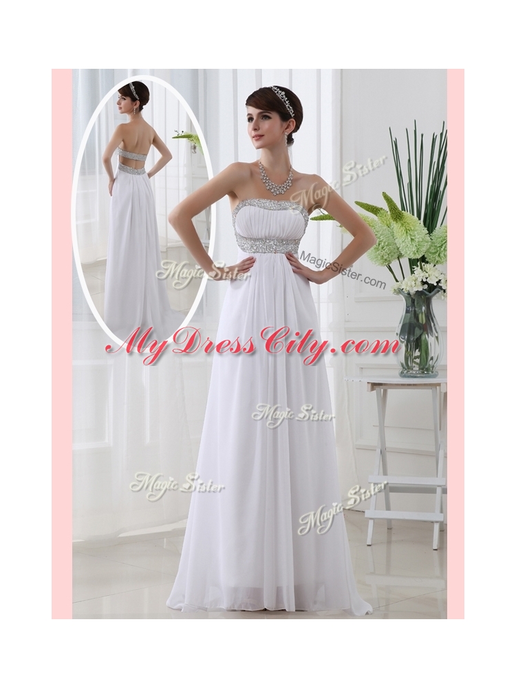 Cheap Strapless Brush Train Beading Prom Dress in White