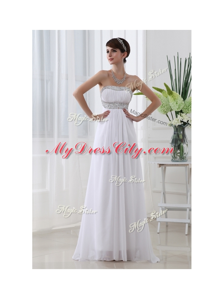 Cheap Strapless Brush Train Beading Prom Dress in White