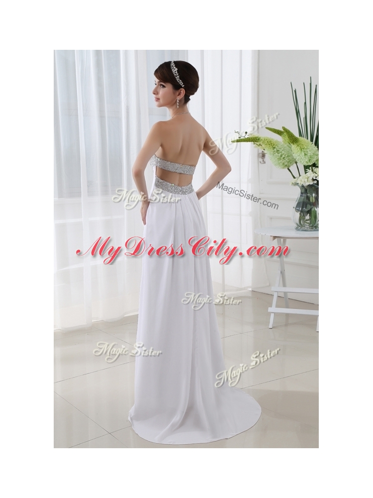 Cheap Strapless Brush Train Beading Prom Dress in White