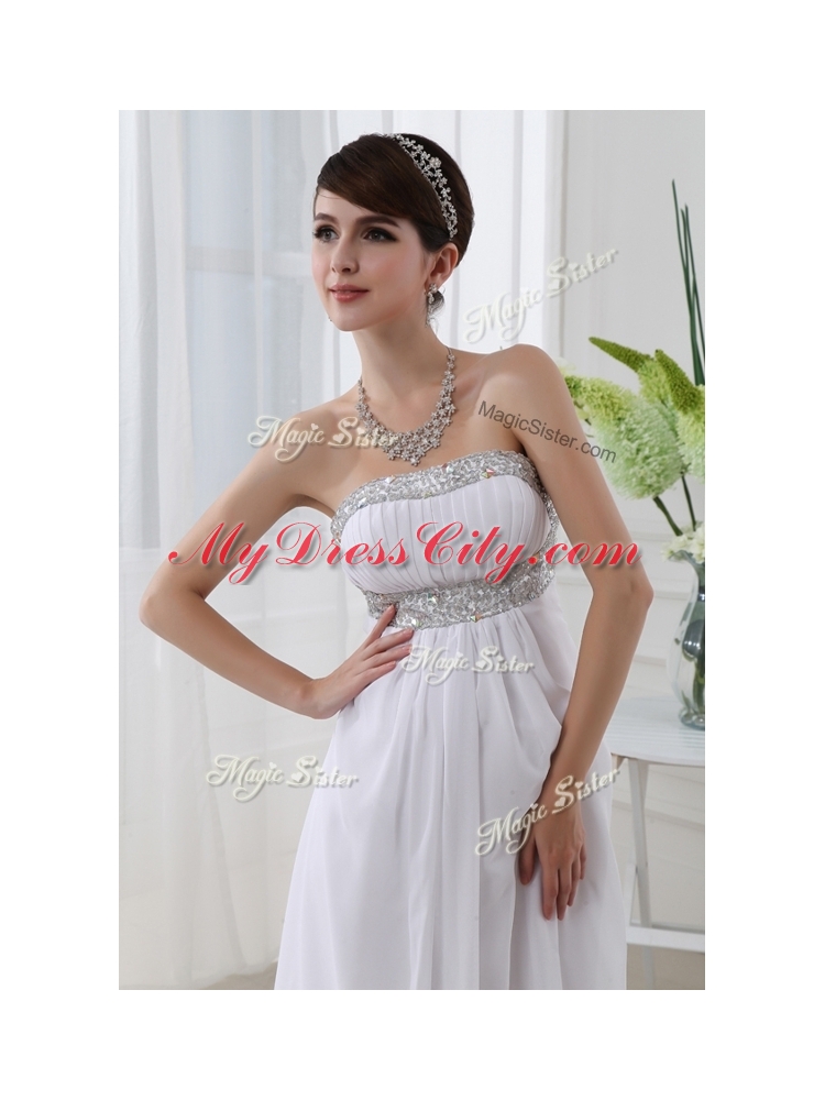 Cheap Strapless Brush Train Beading Prom Dress in White