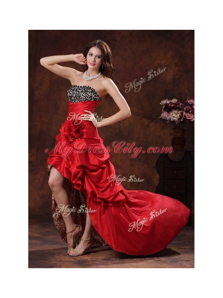 Cheap Gorgeous High Low Strapless Prom Dress With Hand Made Flowers