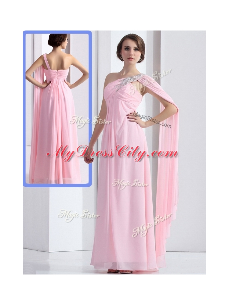 Cheap One Shoulder Baby Pink Prom Dress with Ruching and Beading