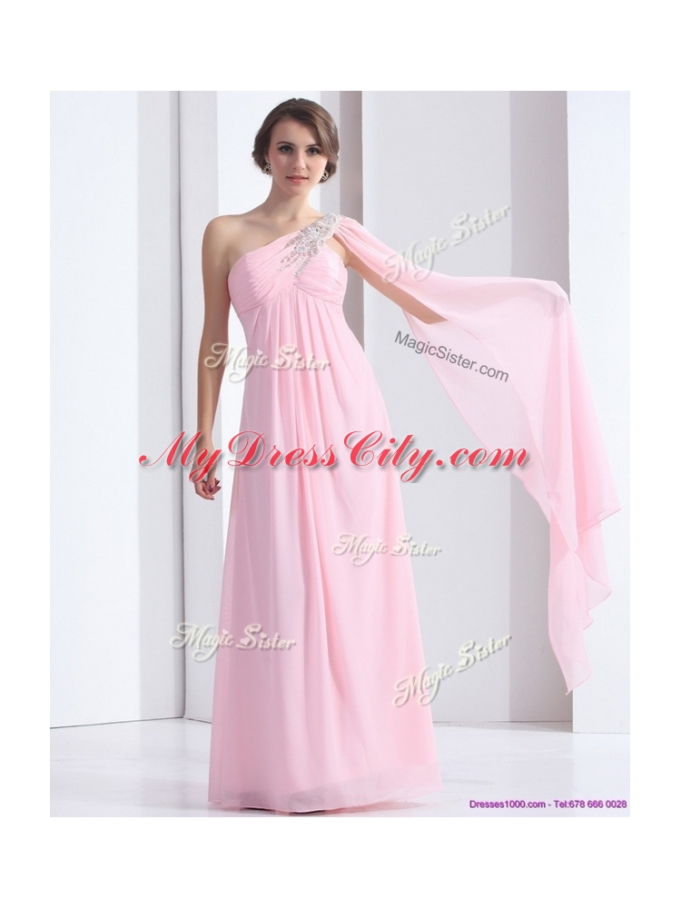 Cheap One Shoulder Baby Pink Prom Dress with Ruching and Beading