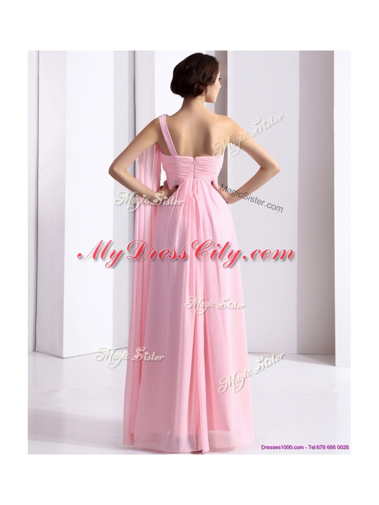 Cheap One Shoulder Baby Pink Prom Dress with Ruching and Beading