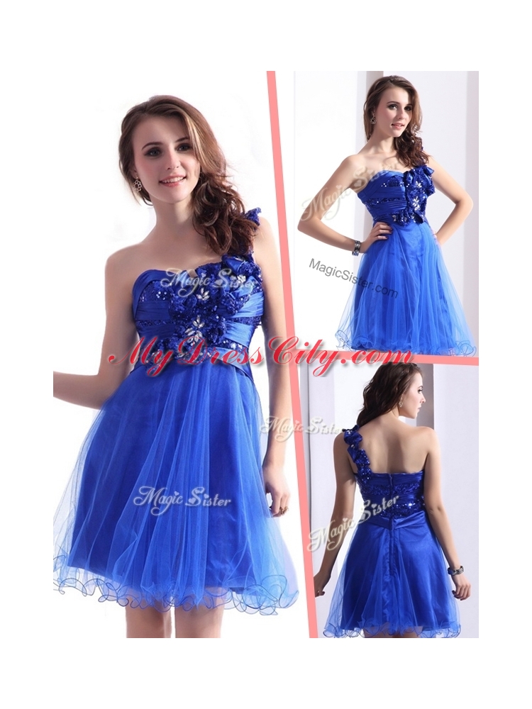 Cheap One Shoulder Prom Dresses with Beading and Hand Made Flowers