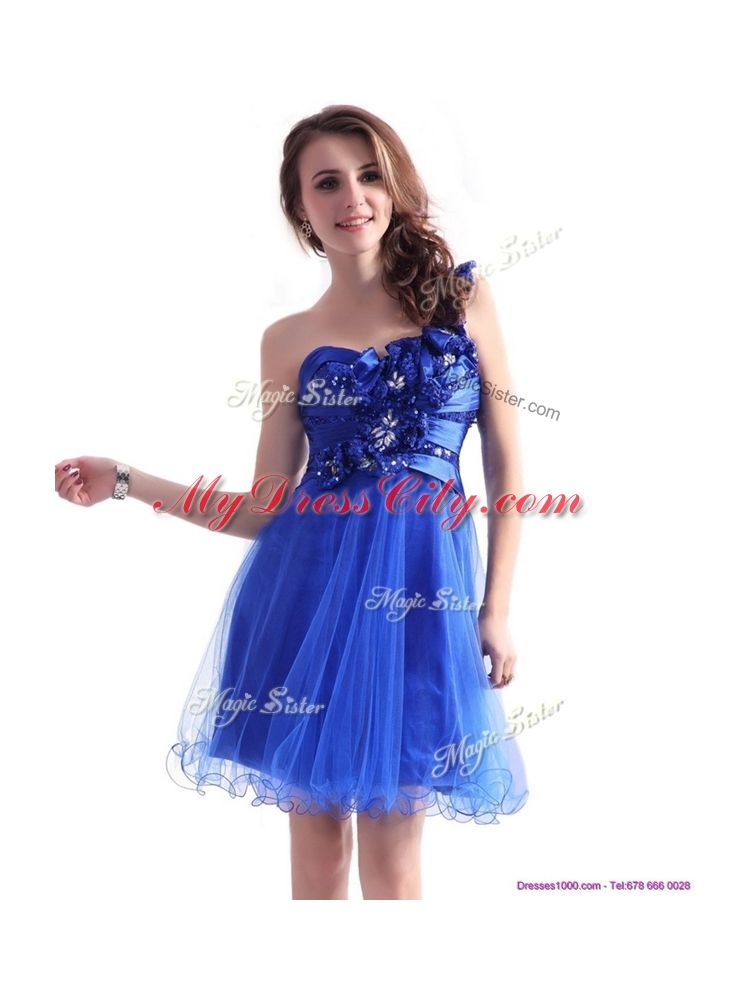 Cheap One Shoulder Prom Dresses with Beading and Hand Made Flowers