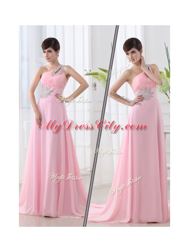 Fashionable One Shoulder Brush Train Beading Baby Pink Discount Evening Dress