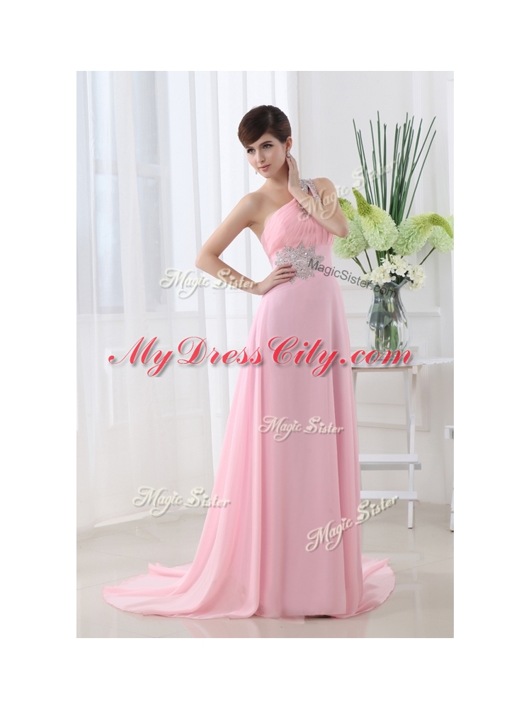 Fashionable One Shoulder Brush Train Beading Baby Pink Discount Evening Dress