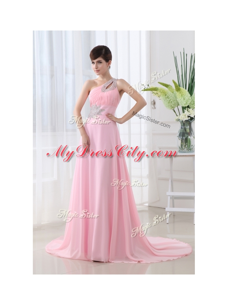 Fashionable One Shoulder Brush Train Beading Baby Pink Discount Evening Dress