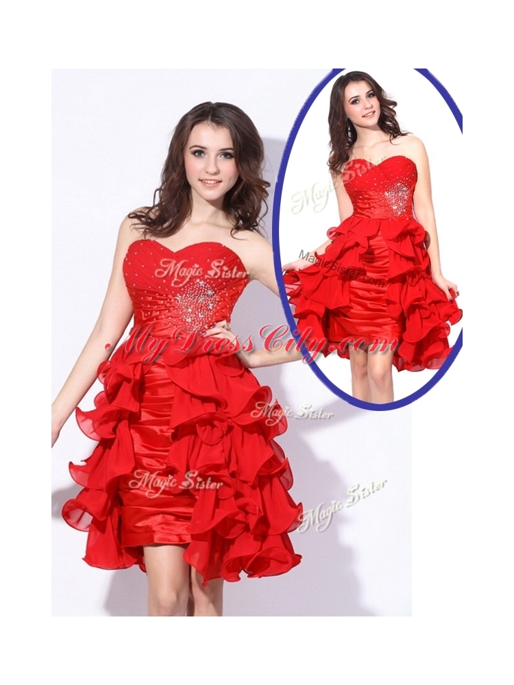 Best Sweetheart Red Short Designer Prom Dresses with Beading and Ruffles