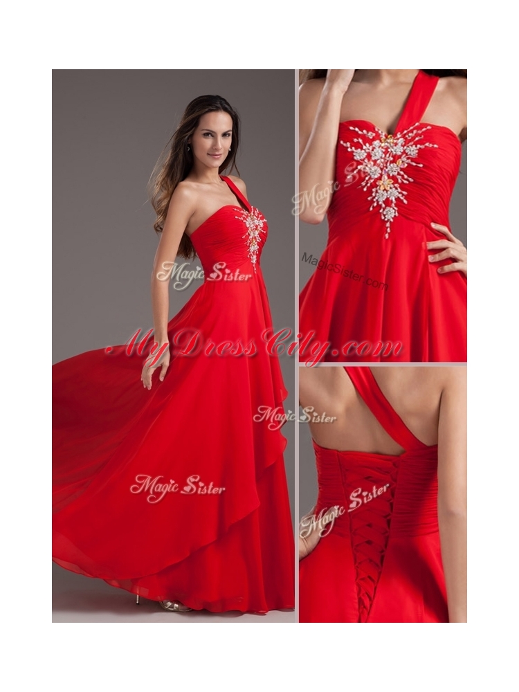 Cheap Empire One Shoulder Red Prom Dress with Beading For 2016