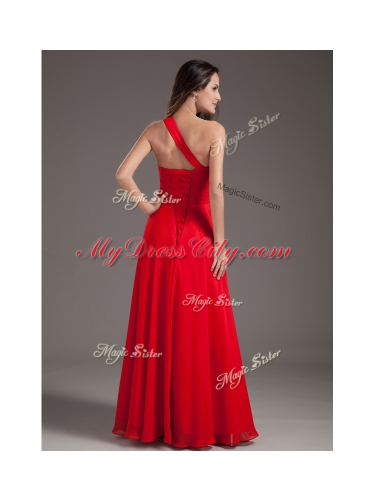 Cheap Empire One Shoulder Red Prom Dress with Beading For 2016