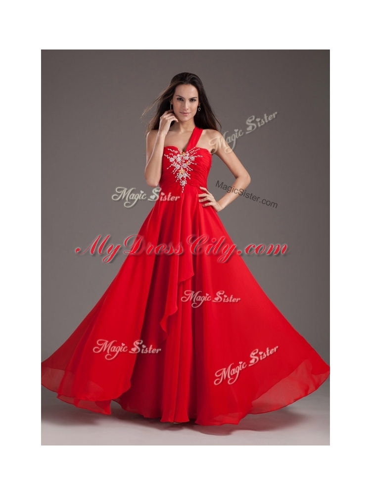 Cheap Empire One Shoulder Red Prom Dress with Beading For 2016