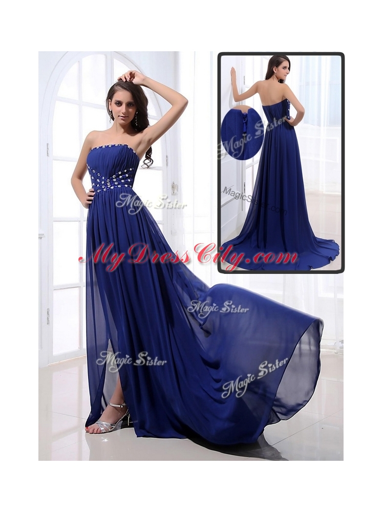 Elegant Brush Train Strapless Beading Prom Dresses in Royal Blue for 2016 Spring