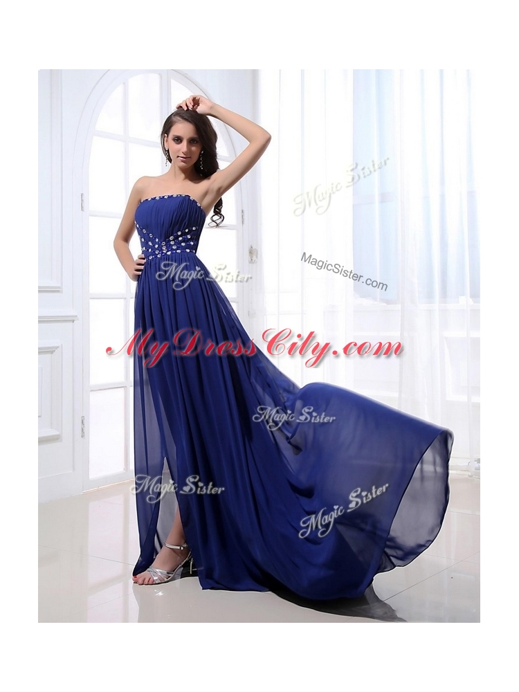 Elegant Brush Train Strapless Beading Prom Dresses in Royal Blue for 2016 Spring