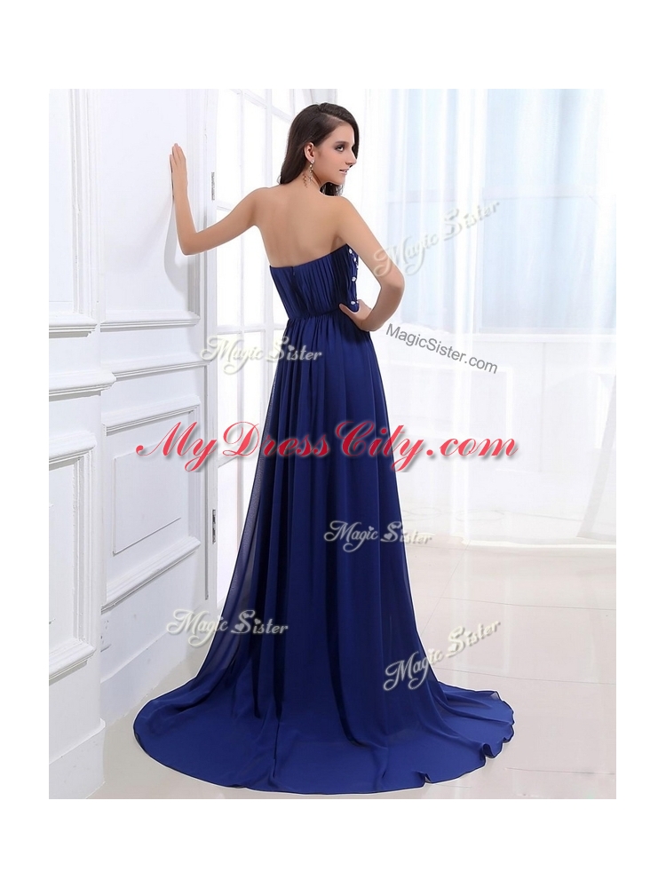 Elegant Brush Train Strapless Beading Prom Dresses in Royal Blue for 2016 Spring