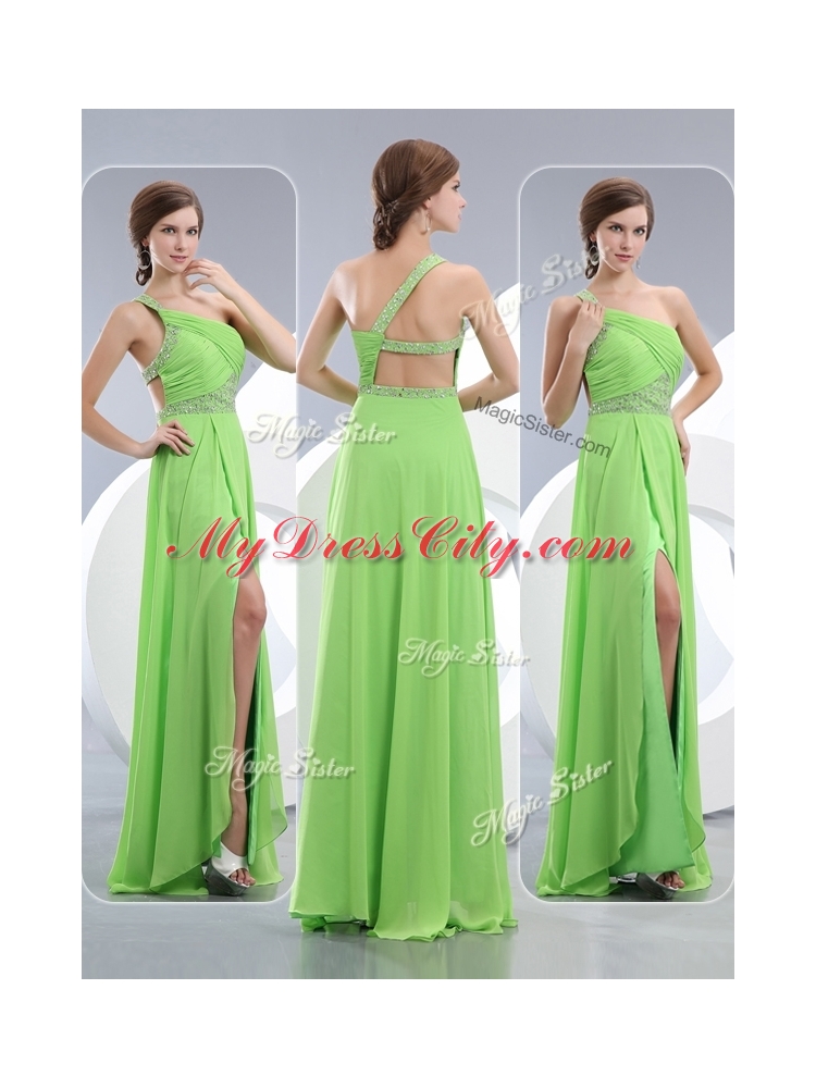 Elegant One Shoulder Spring Green Designer Prom Dresses with High Slit