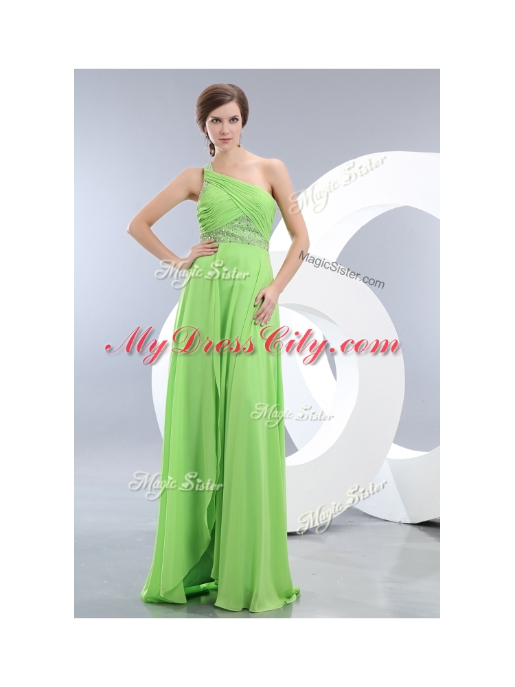 Elegant One Shoulder Spring Green Designer Prom Dresses with High Slit