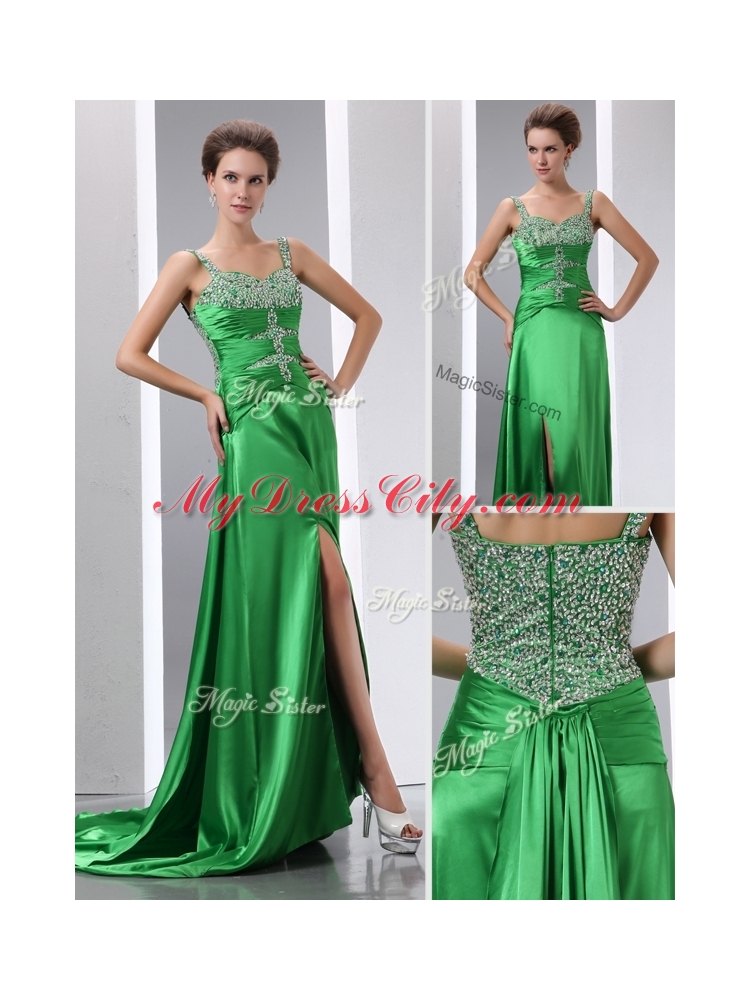 Luxurious Column Beading and High Slit Prom Dresses with Court Train