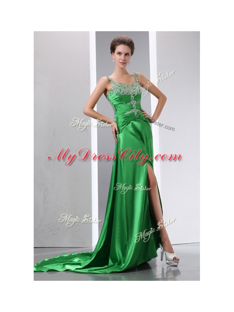 Luxurious Column Beading and High Slit Prom Dresses with Court Train