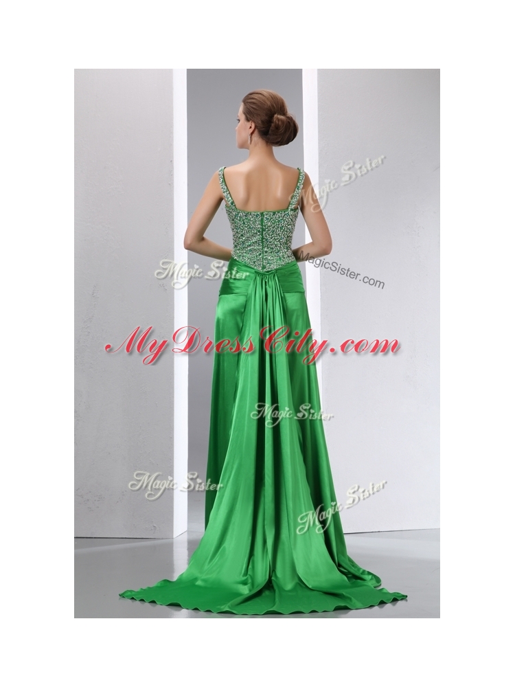 Luxurious Column Beading and High Slit Prom Dresses with Court Train