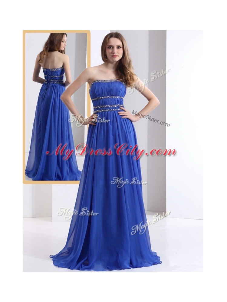 Simple Strapless Empire Blue Discount Evening Dresses with Ruching and Beading